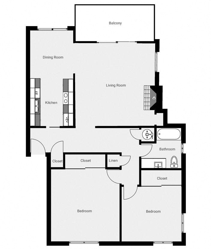 A black and white image of a floor plan for a house with a balcony, dining room, living room, kitchen, bathroom, and two bedrooms.